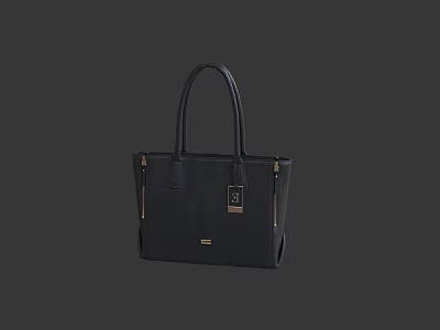 Black Leather Handbag with Stylish Tote Handles Metallic Lock and Side Zippers 3d model