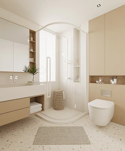 Modern Bathroom Interior Design With White Vanity Large Mirror Wooden Cabinets And Glass Shower 3d model