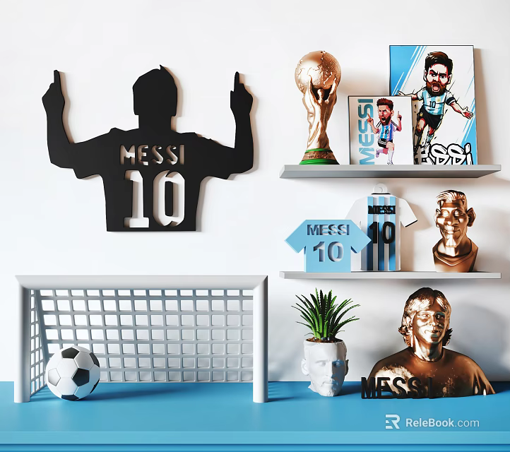 Messi Football Themed Decorative Ornament Set With 10 Silhouette Trophy Poster Goal And Statue 3d model 