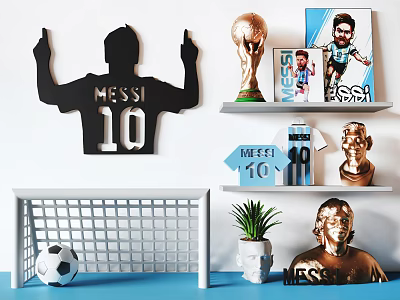 Messi Football Themed Decorative Ornament Set With 10 Silhouette Trophy Poster Goal And Statue 3d model