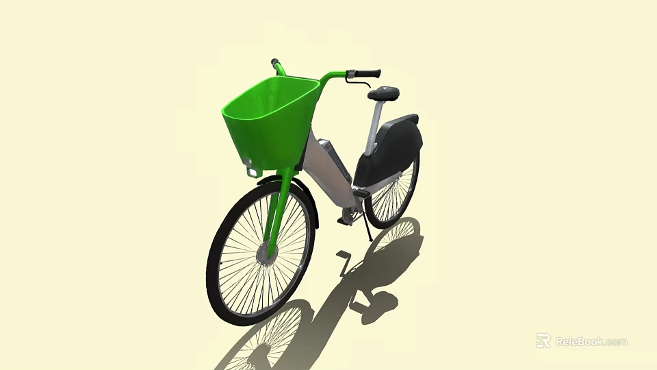Stylish Bicycle With Green Front Basket Silver Gray Body And Black Seat 3d model 