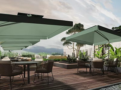 Outdoor Patio With Wooden Deck Green Canopies Rattan Furniture And Mountain View 3d model