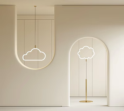 Elegant White Cloud Shaped Lighting Combinations With Hanging Pendant And Floor Lamp In Minimalist Interior 3d model
