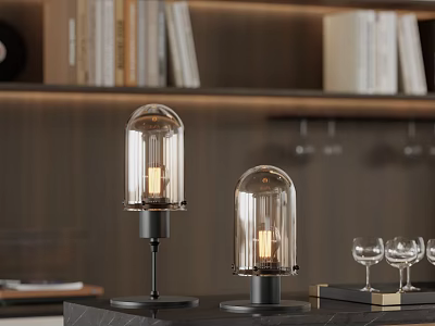 Table Lamp With Glass Shade And Black Base On Bookshelf With Books And Wine Glasses 3d model