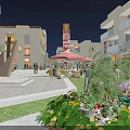 Vibrant Commercial Street At Night Featuring Illuminated Buildings Square Sculpture Outdoor Umbrellas Plants And Pedestrians