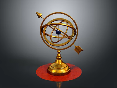 Vintage Brass Armillary Sphere With Red Wooden Base Blue Gemstone And Decorative Arrows 3d model