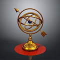 Vintage Brass Armillary Sphere With Red Wooden Base Blue Gemstone And Decorative Arrows