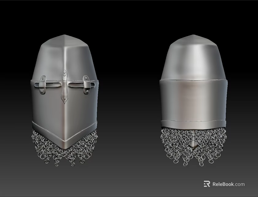 Silver Medieval Metal Helmets With Chain Mail Trim Front Clasps And Smooth Surface Details 3d model 