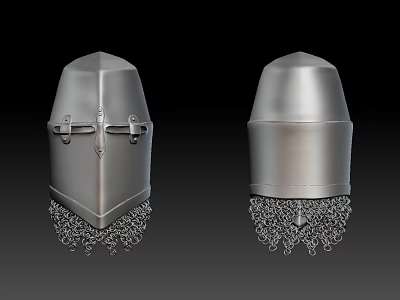 Silver Medieval Metal Helmets With Chain Mail Trim Front Clasps And Smooth Surface Details 3d model