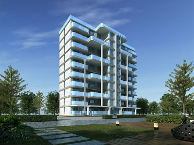 Modern High Rise Residential Building With Glass Balconies And Landscaped Surroundings 3d model