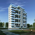 Modern High Rise Residential Building With Glass Balconies And Landscaped Surroundings