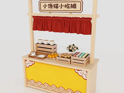 Traditional Snack Stall Shelf With Red Curtain Yellow Cloud Pattern And Pastries 3d model