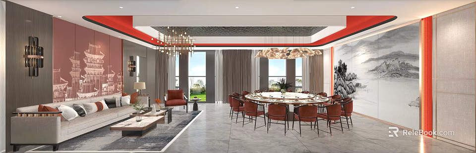 Modern Open Kitchen Interior Design With Island Counter And Cabinets 3d model