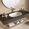 Modern Bathroom Cabinet Rack With Black Marble Countertop White Basin Faucet And Towels On Shelf
