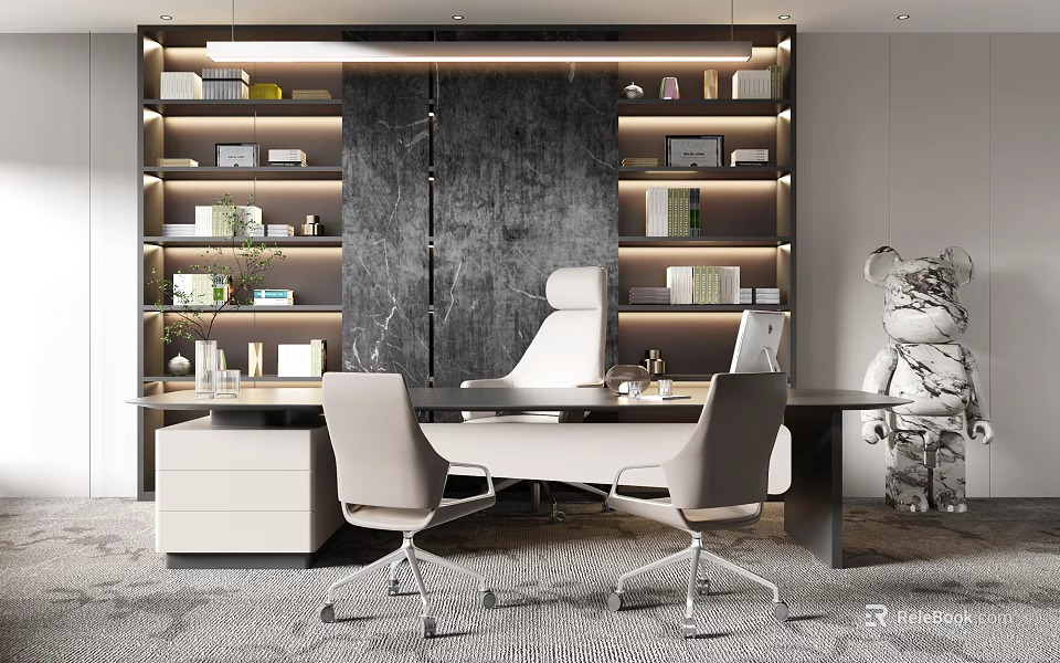 Elegant Modern Office Desk With Two Gray Chairs Bookshelves And Marble Backdrop 3d model 