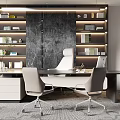 Elegant Modern Office Desk With Two Gray Chairs Bookshelves And Marble Backdrop