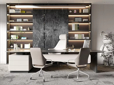 Elegant Modern Office Desk With Two Gray Chairs Bookshelves And Marble Backdrop 3d model