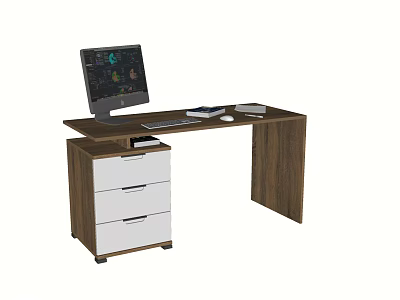 Practical Wooden Desk With Computer Monitor Keyboard Mouse And White Drawer Cabinet Setup 3d model