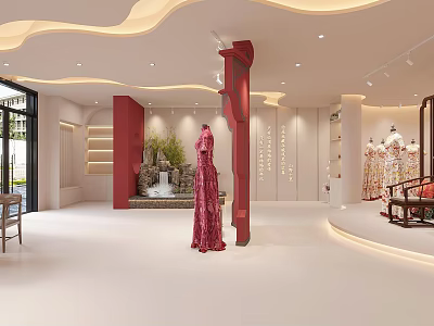 Modern Elegant Clothing Store Interior With Wavy Ceiling And Red Dress Mannequin 3d model