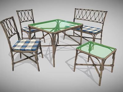 Wicker Table and Chair Set with Green Glass Top Plaid Cushioned Chairs and Side Table 3d model