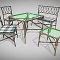 Wicker Table and Chair Set with Green Glass Top Plaid Cushioned Chairs and Side Table