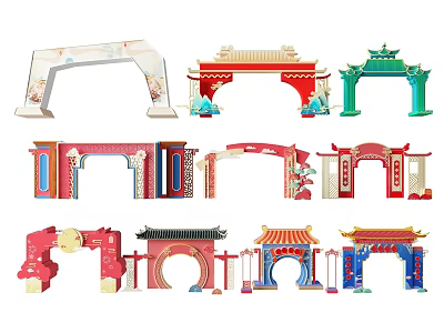 Traditional Chinese Event Gateways with Colorful Ornate Decorations and Cultural Elements 3d model