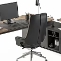 Modern Office Desk Setup With Computer Black Chair Filing Cabinet And Lamp