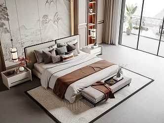 New Chinese Background Double Bed Double Bed 3d model
