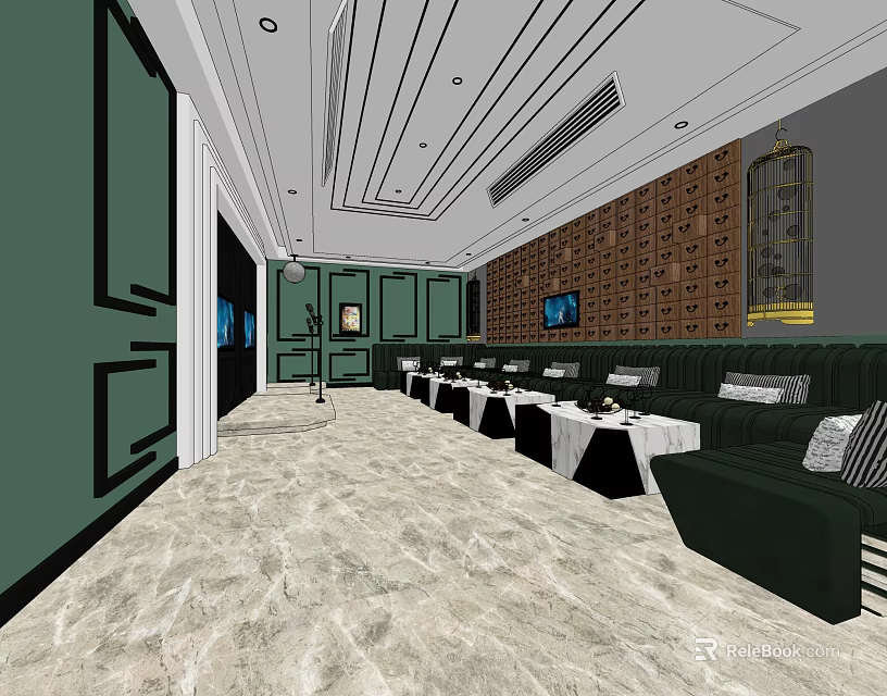 KTV Interior Design With Green Sofas Decorative Walls TV Screen And Ceiling Lighting 3d model 