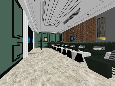 KTV Interior Design With Green Sofas Decorative Walls TV Screen And Ceiling Lighting 3d model
