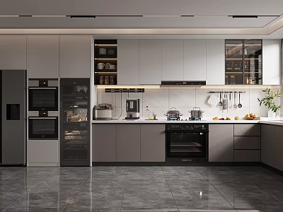 Modern Kitchen Interior Design With Island Counter Gray Cabinets And Built in Appliances 3d model