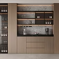 Modern Wooden Wine Cabinet With Glass Doors Wine Bottles Glasses And LED Lighting In Kitchen