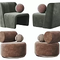 Modern Green And Brown Velvet Armchairs With Rounded Design And Spherical Cushions