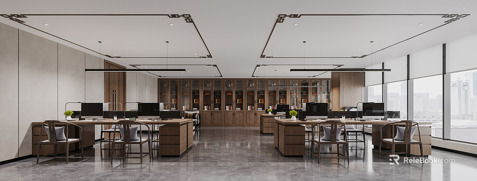 Modern Public Office Area Interior With Office Desks Computers Cabinets And Pendant Lights 3d model 