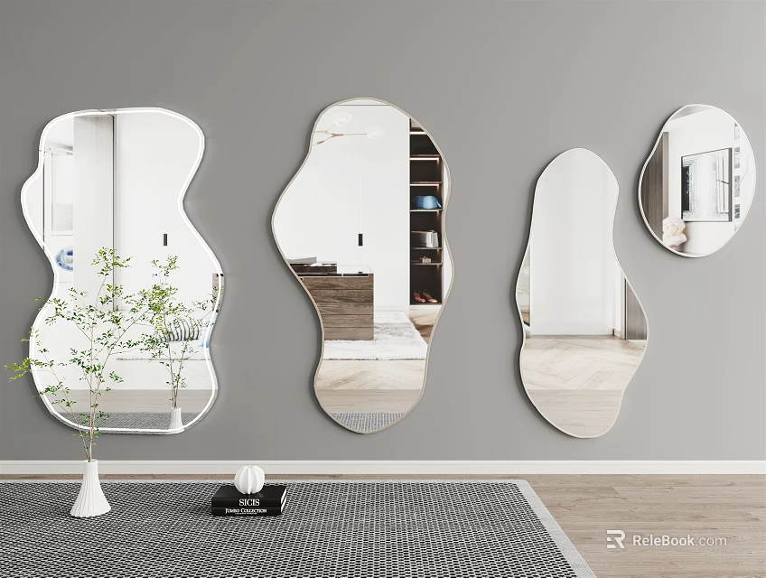 Four Irregular Shaped Mirrors Hanging On Gray Wall With Vase Plant And Wooden Floor 3d model 