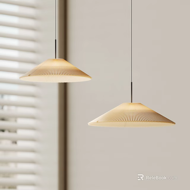 Two Light Colored Pleated Pendant Lights Hanging By Window Blinds And White Wall 3d model
