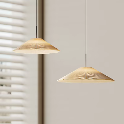 Two Light Colored Pleated Pendant Lights Hanging By Window Blinds And White Wall 3d model