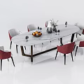 Stylish Modern Dining Table Set With Marble Top And Red Upholstered Chairs 3d model