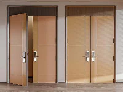 Modern Double Doors with Open and Closed Design Wooden Finish and Metallic Handles 3d model