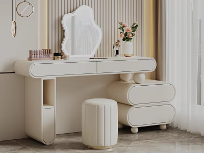 Modern White Dressing Table with Unique Mirror Drawers Cosmetics Flower Vase and Stool 3d model