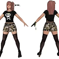Young Woman With Pink Hair Black Skull T Shirt Camouflage Shorts Thigh High Socks Keychain