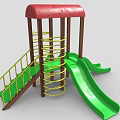 Outdoor Playground Equipment With Red Roof Yellow Ladder Green Slides And Brown Pillars