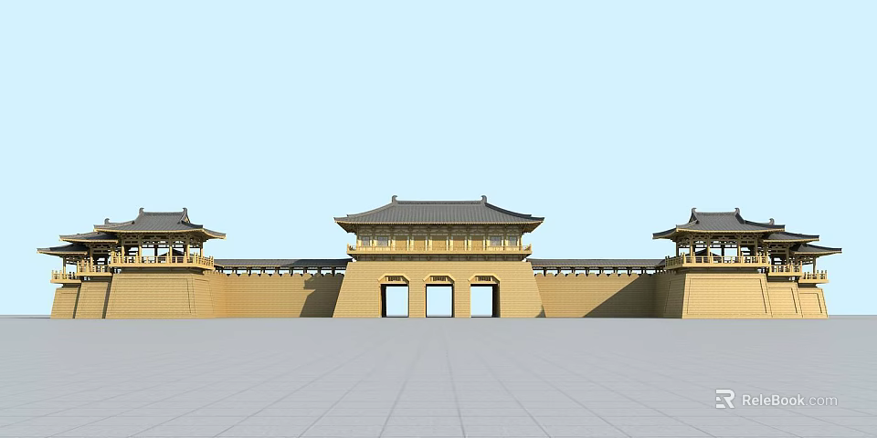 Ancient Architecture With Traditional Roof Design Central Gate And Symmetric Structure 3d model 