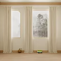Beige Floor Length Curtains By Arch Square Windows With Forest View Clay Pot And Books
