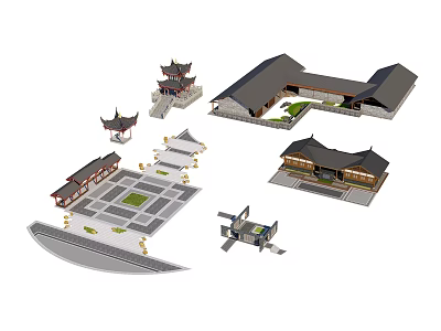 Traditional Chinese Landscape Pavilion with Curved Eaves and Courtyard Garden Layout 3d model