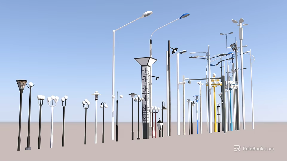 Various Outdoor Lights Including Street Lamps And Decorative Light Poles In Modern Styles 3d model 