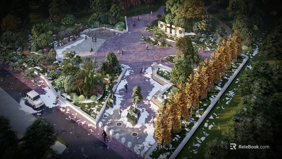 Scenic Park Landscape With Lush Greenery Golden Trees Scenic Pathways And People Walking 3d model 