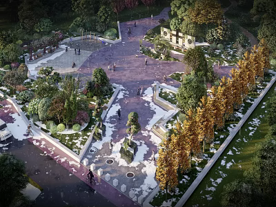 Scenic Park Landscape With Lush Greenery Golden Trees Scenic Pathways And People Walking 3d model