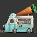 Cute Blue And White Food Truck With Large Carrot On Top And Chalkboard Menu