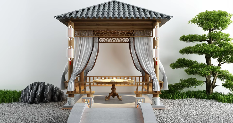 Chinese Landscape Pavilion Featuring Tile Roof Wooden Structure Intricate Carvings White Curtains And Green Plants 3d model 